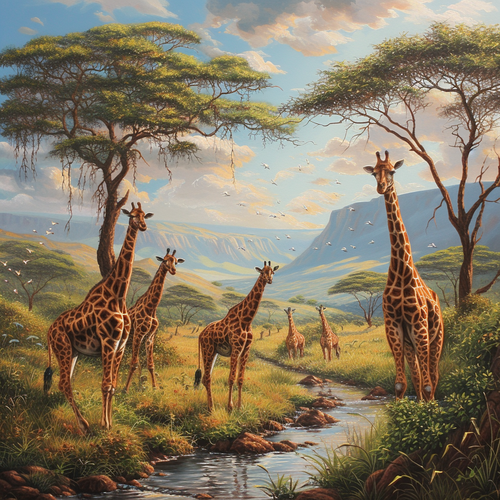 Giraffes walking in African savanna with trees and stream