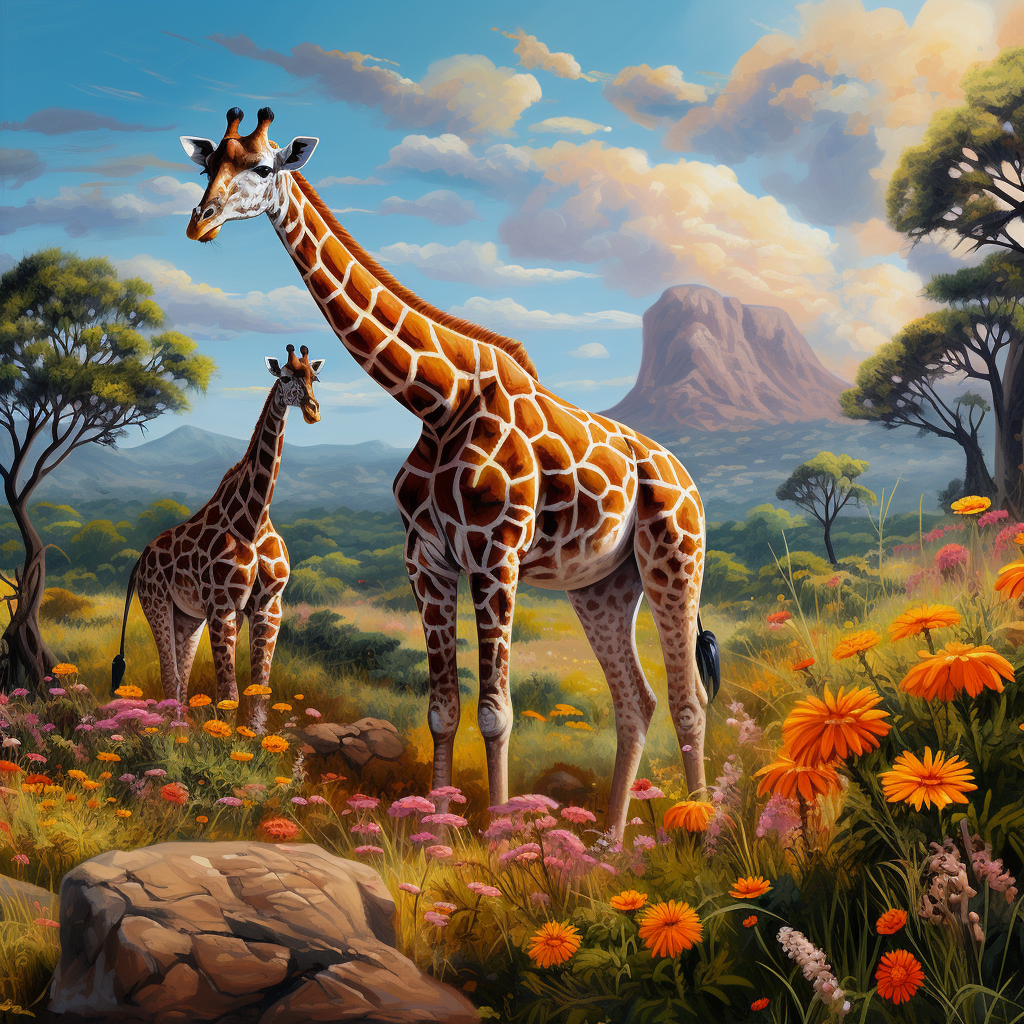 Giraffes in African Savanna with Wildflowers and Acacia Trees