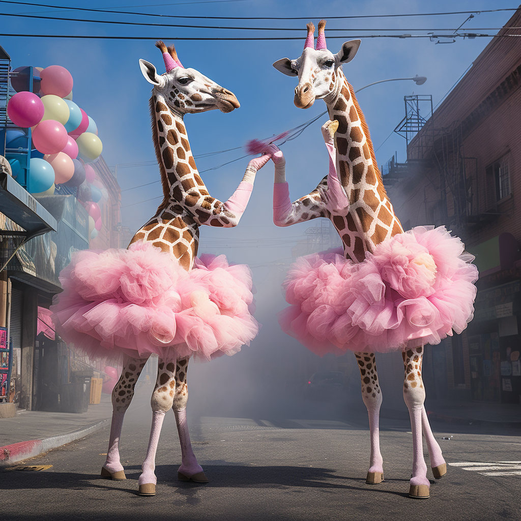 Giraffes in Ballerina Tutus Performing on City Street