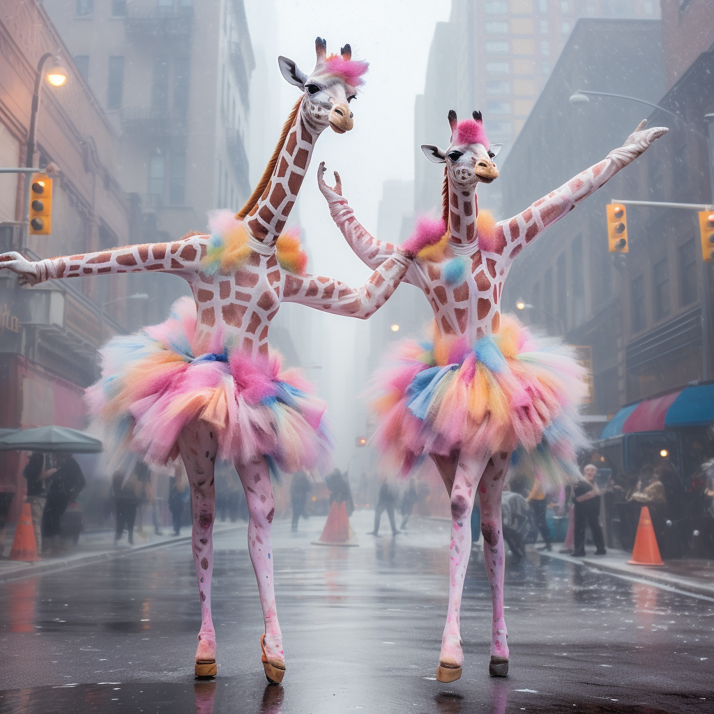 Giraffes dancing in colorful tutus on city street