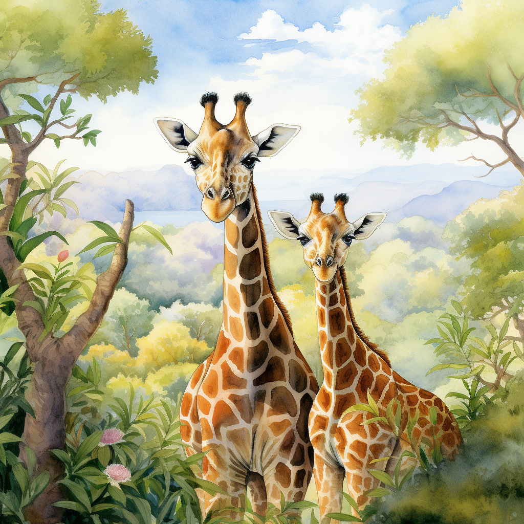 Cute Giraffes Watercolor Illustration for Children's Book