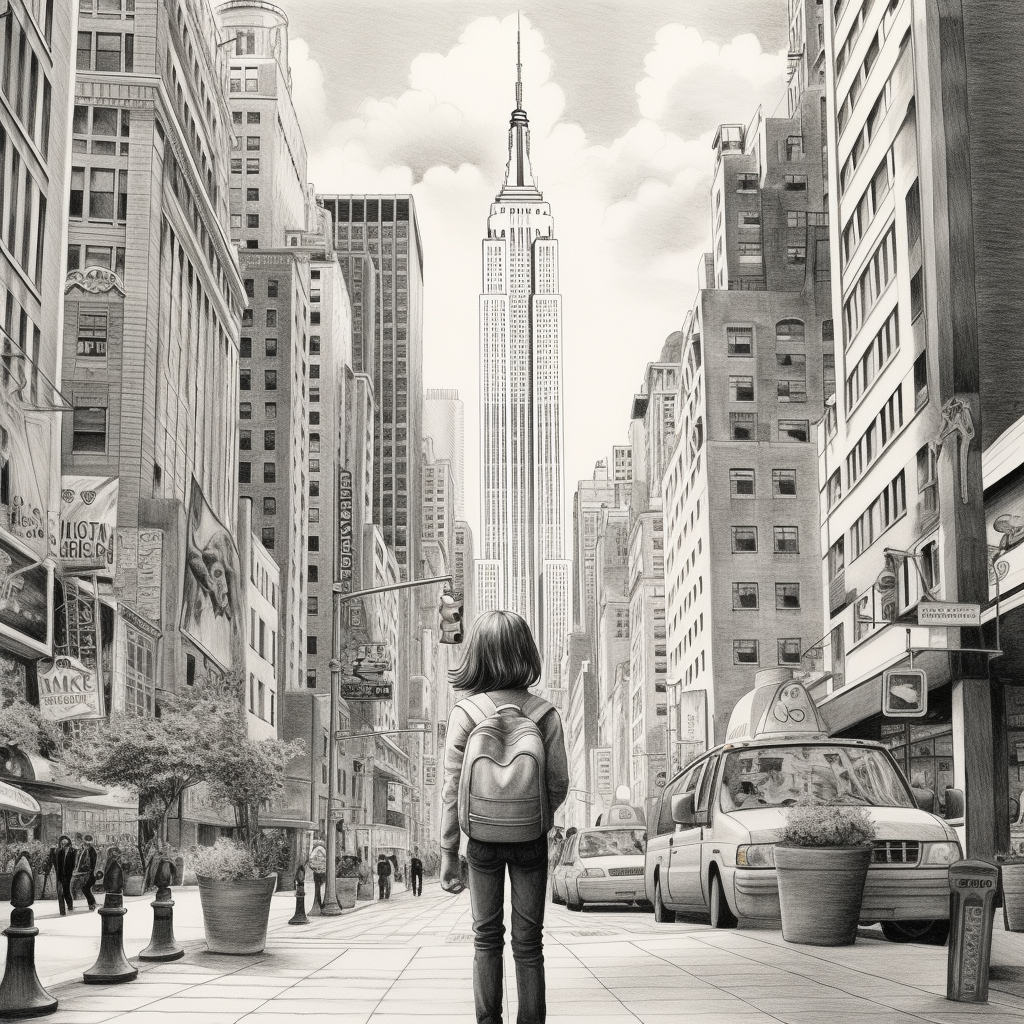 Pencil art sketch of girl on busy street