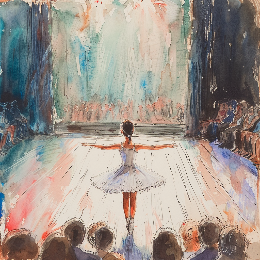 Little girl ballet dancer tip-toeing watercolor