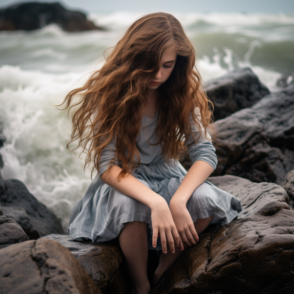 Girl on beach with crashing waves