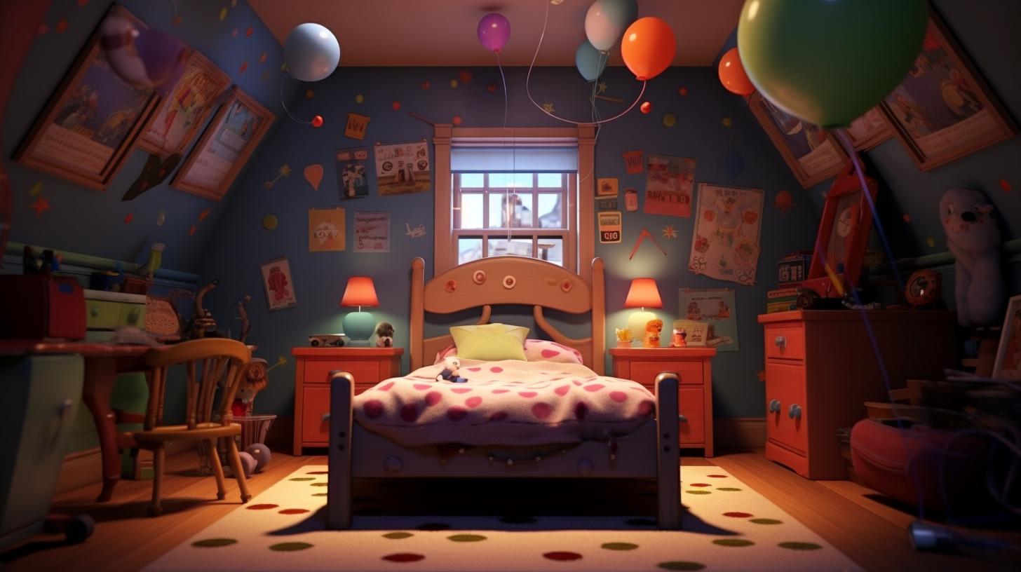 Adorable girl bedroom in Pixar art style