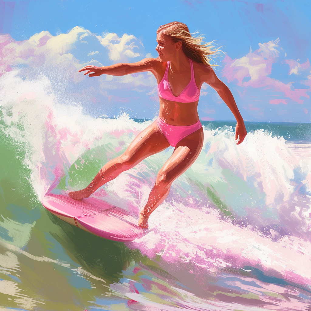 Teenage girl in pink bikini surfing