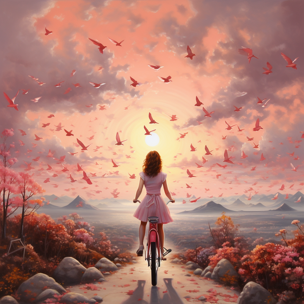 Impressionist painting of a girl riding a bicycle surrounded by birds