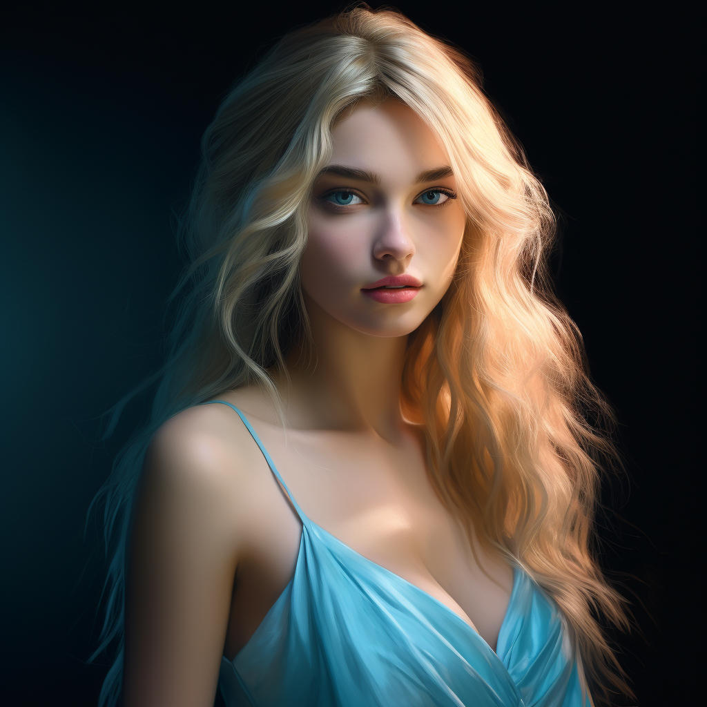 Blonde hair girl in cyan streaks dress