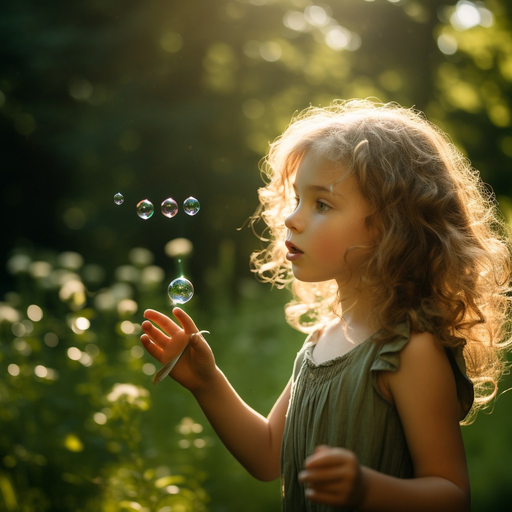 girl blowing bubbles in green park