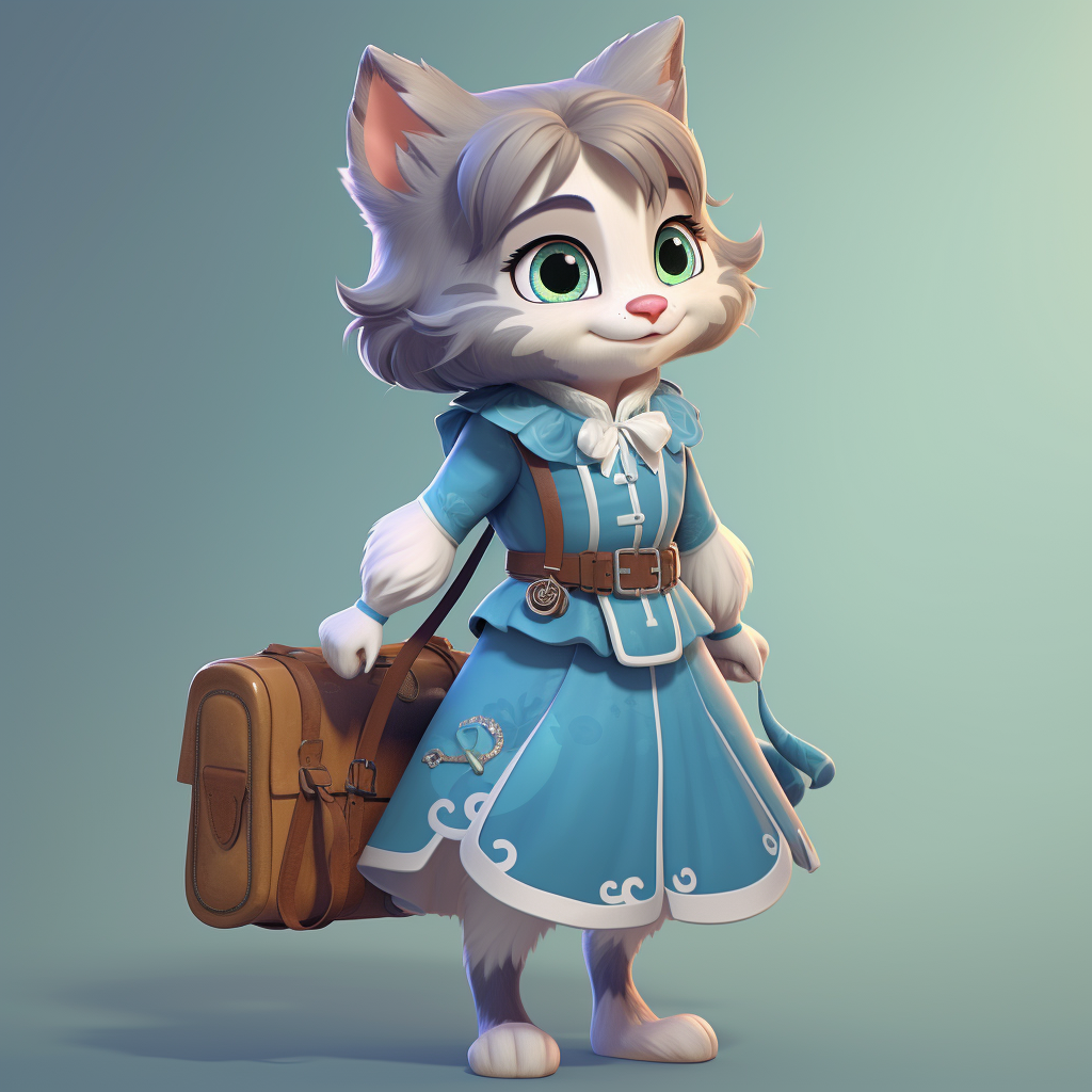 Cute girl blue Russian cat in dress and scout backpack