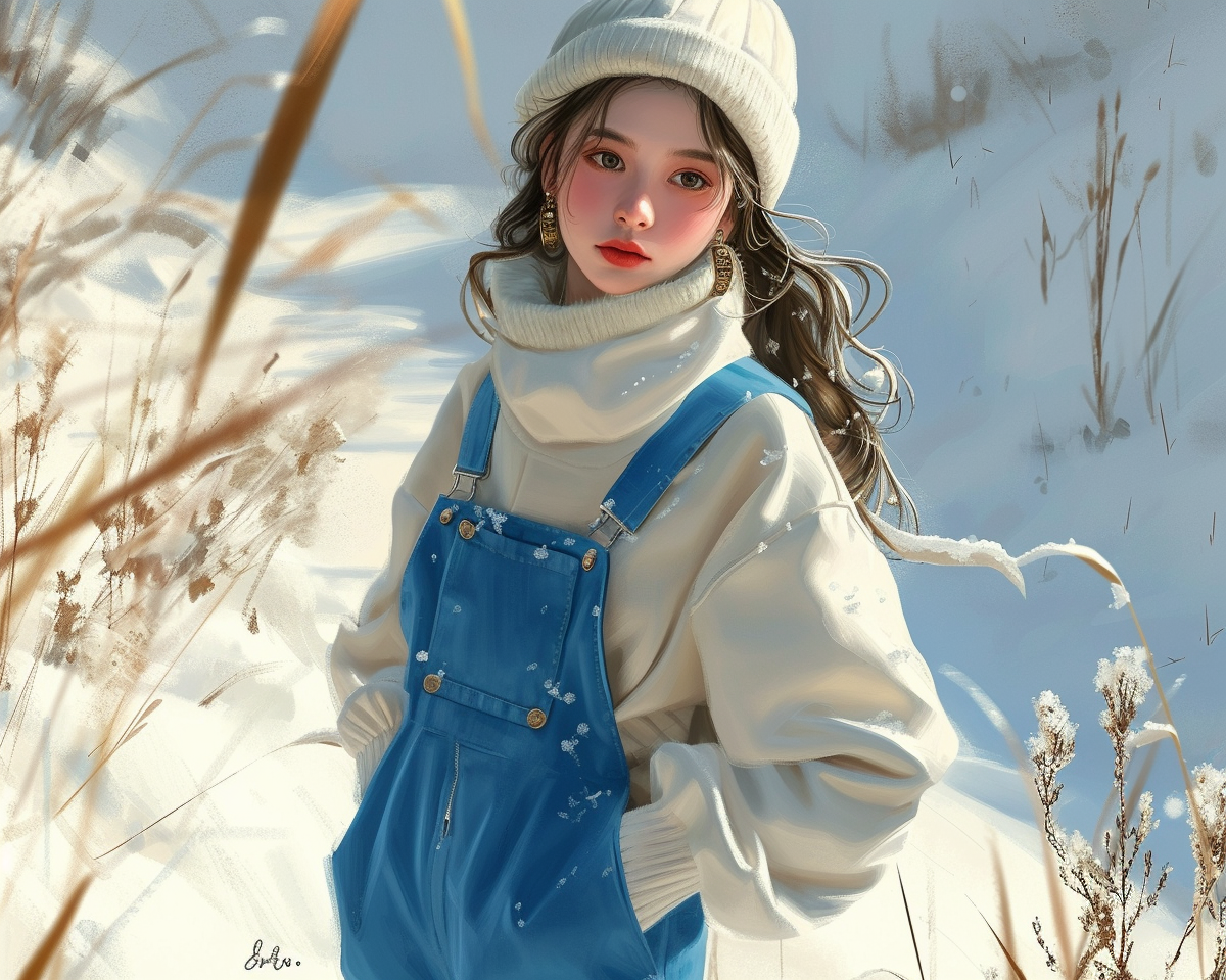 Girl in Blue and White Winter Overalls