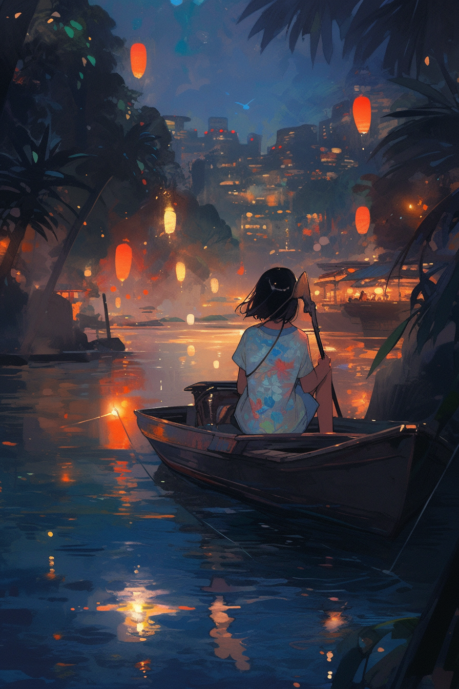 Back view of girl on a boat floating through a river at night