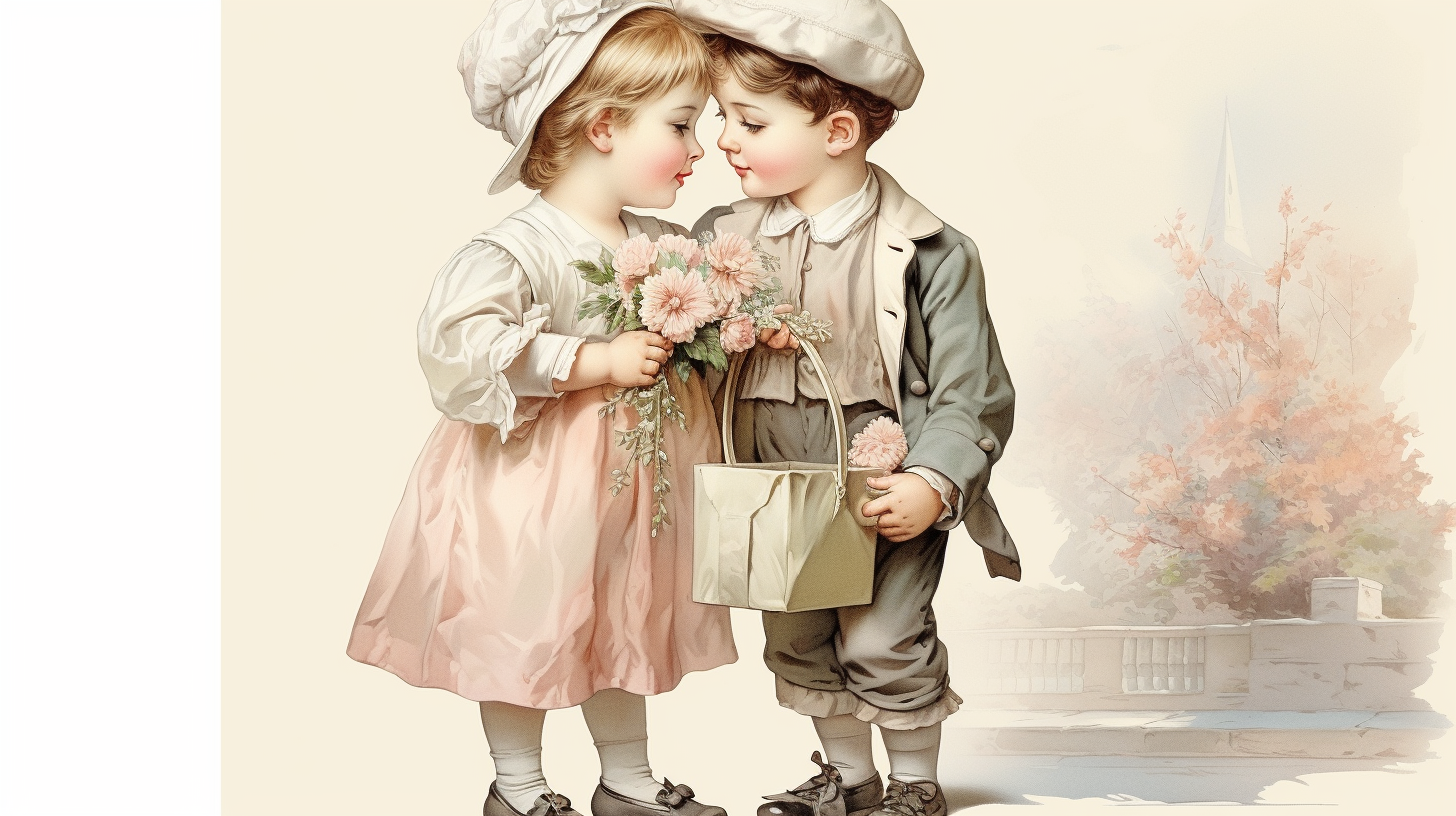 Little girl with flower and boy kissing cheek