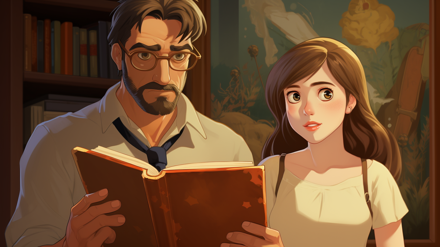 Girl and man with book in Studio Ghibli style