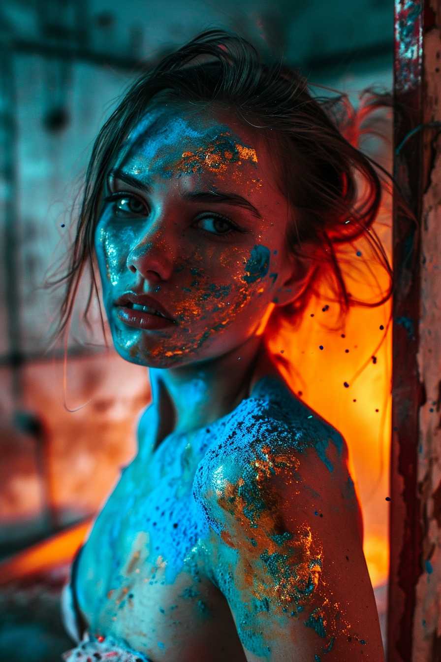 Girl in a burning house with blue sand on her chest