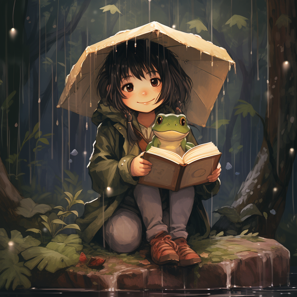 Girl with Frog and Book in Rainy Forest