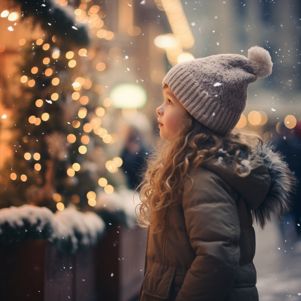 Side Profile of Girl Child by Christmas Tree