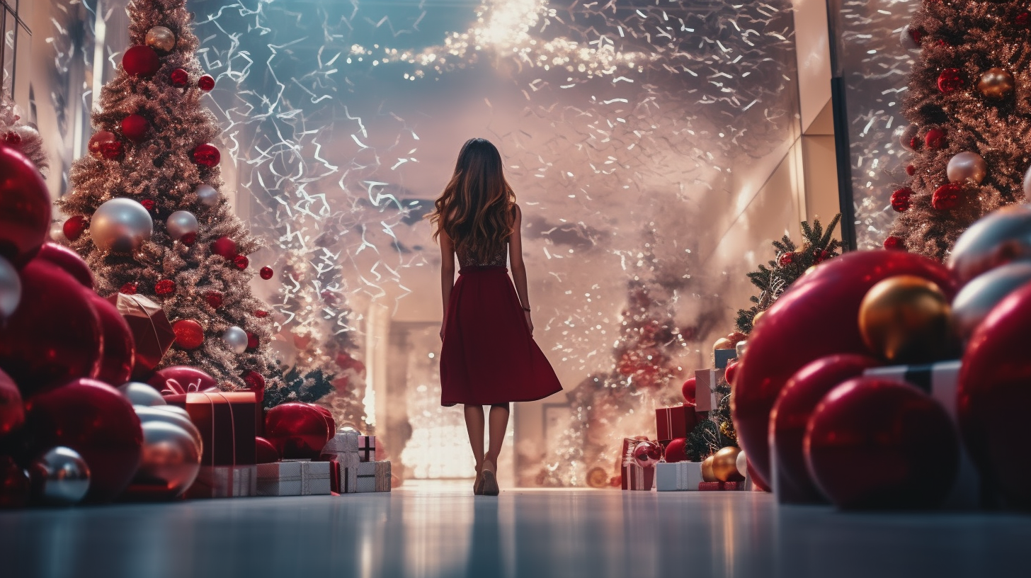 Girl chasing round gift in Christmas mall