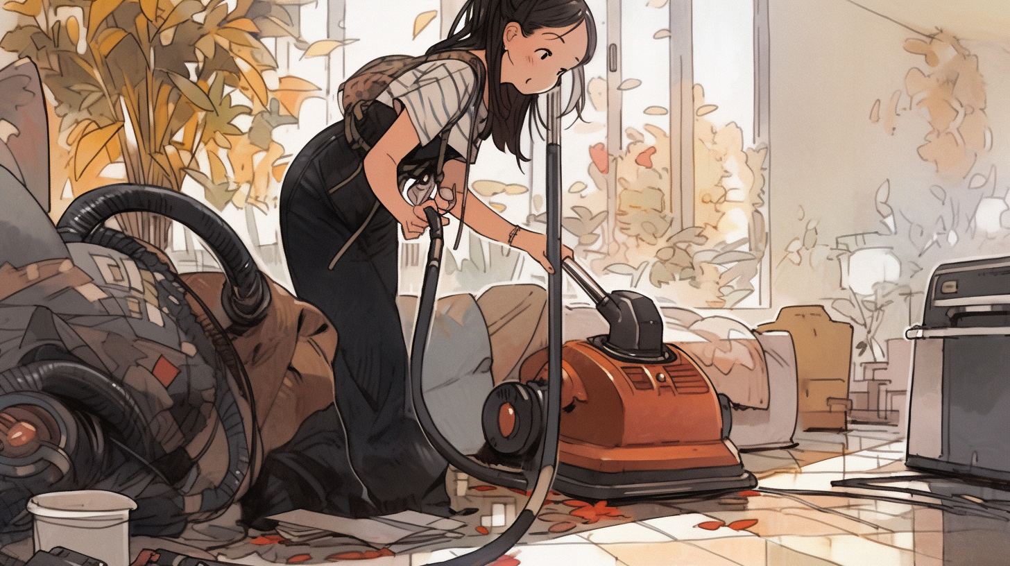 Girl cleaning with a vacuum watercolor illustration