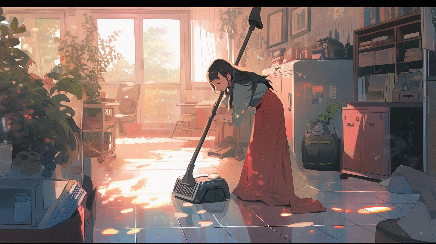 girl cleaning with vacuum cleaner