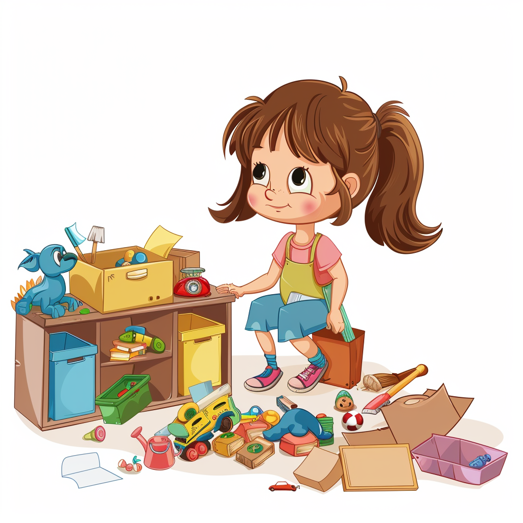 Girl cleaning room cartoon style