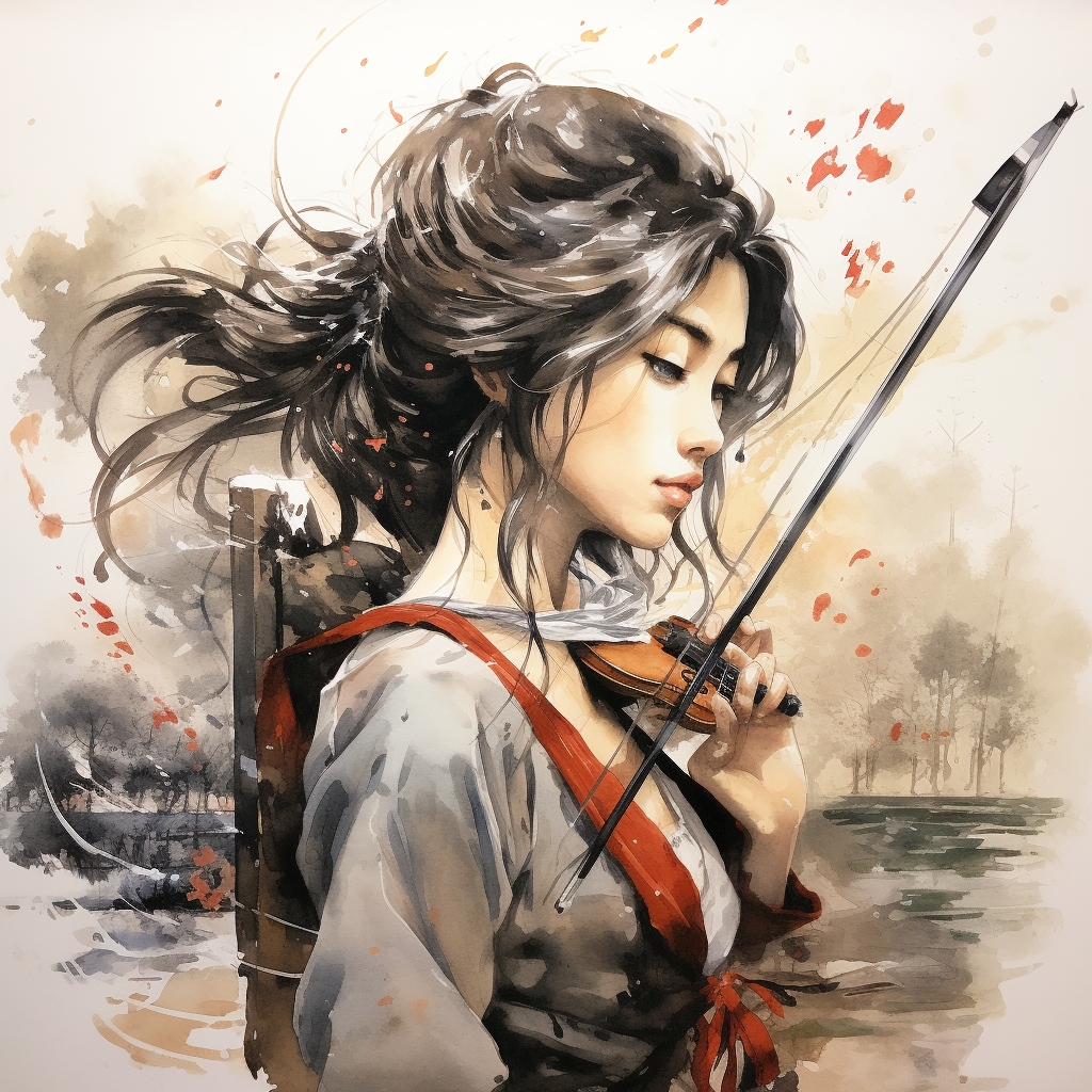 Girl shooting compound bow listening to podcast in Japanese ink art style