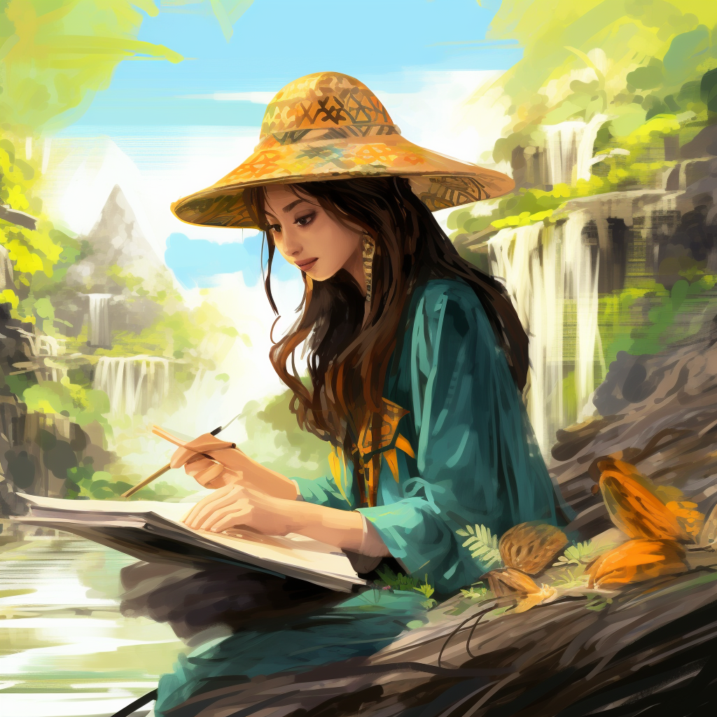 Girl in Vietnamese Ao Dai with Amazon Forest Sketch