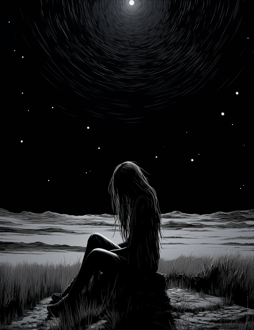 Girl crying under night sky