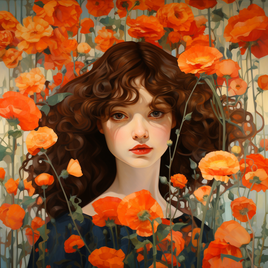 Beautiful girl with curly hair surrounded by poppies