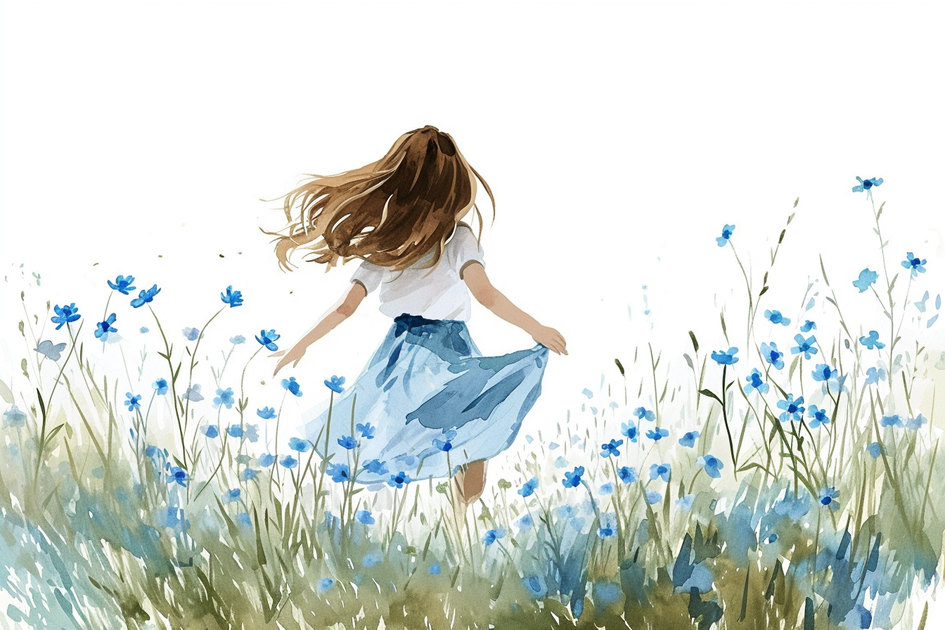 Girl Dancing in Meadow with Flowers