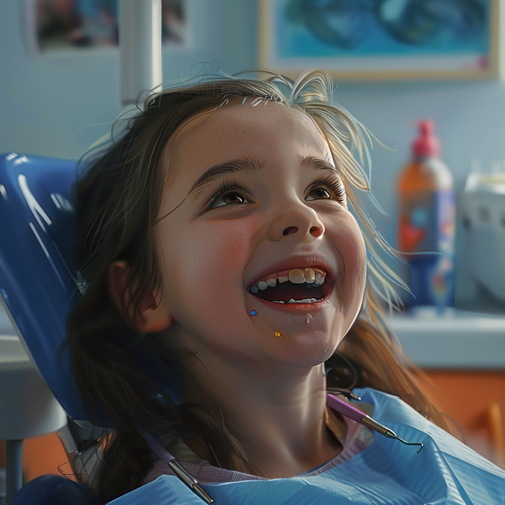 Girl at dentist laughing blue chair