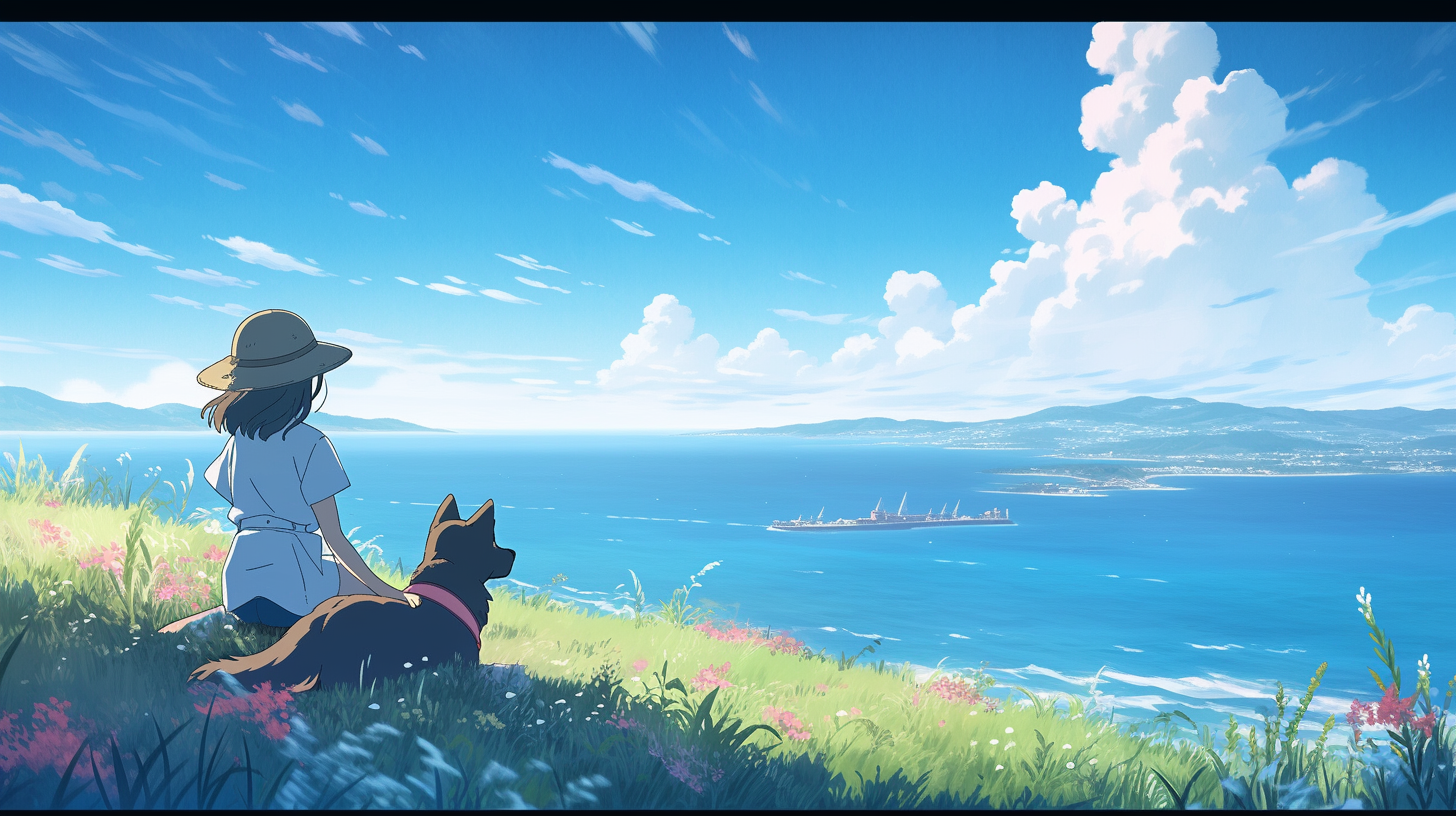 Girl and dog in field by the sea