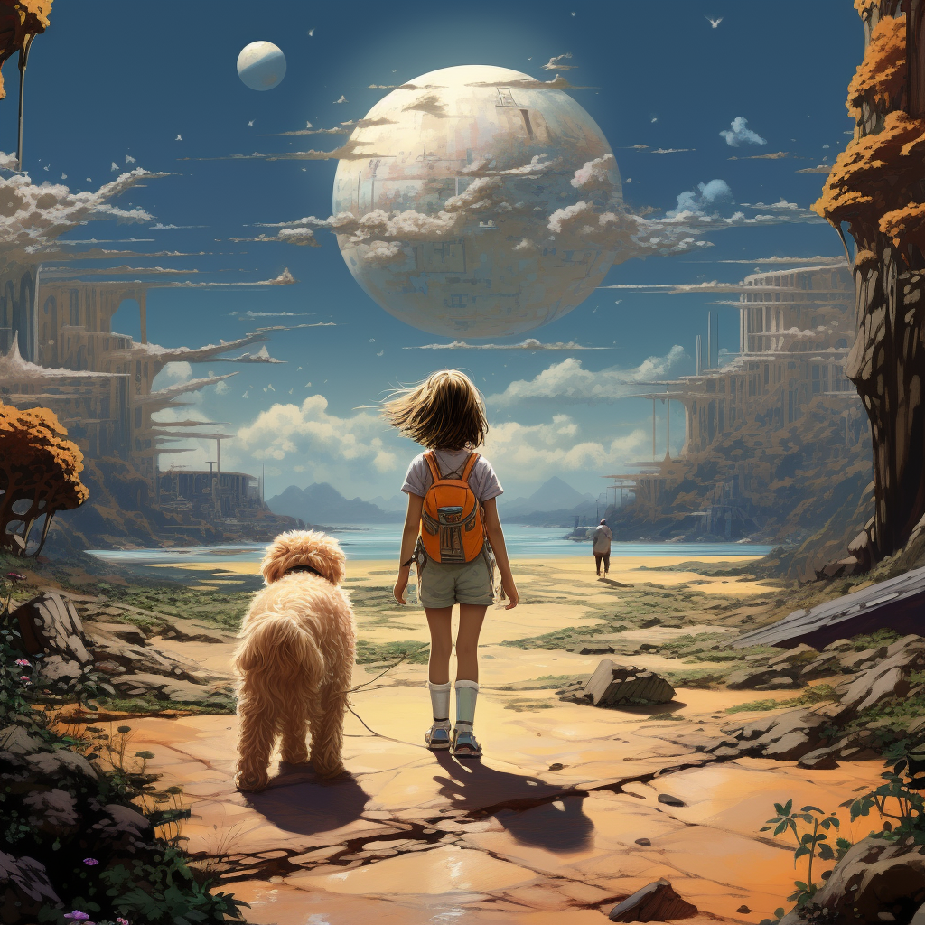 7-year-old girl and mini goldendoodle dog walking in utopia