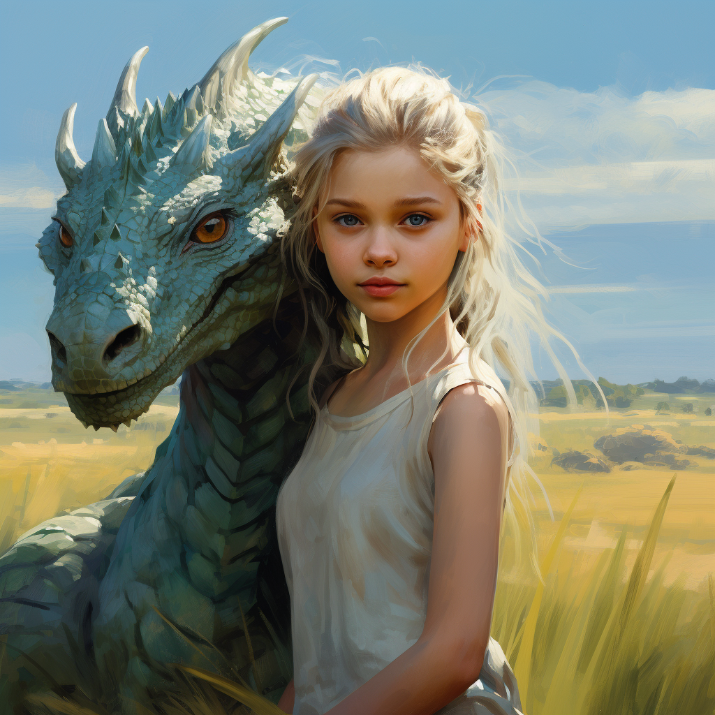 Girl with Baby Dragon on Shoulder in Open Field