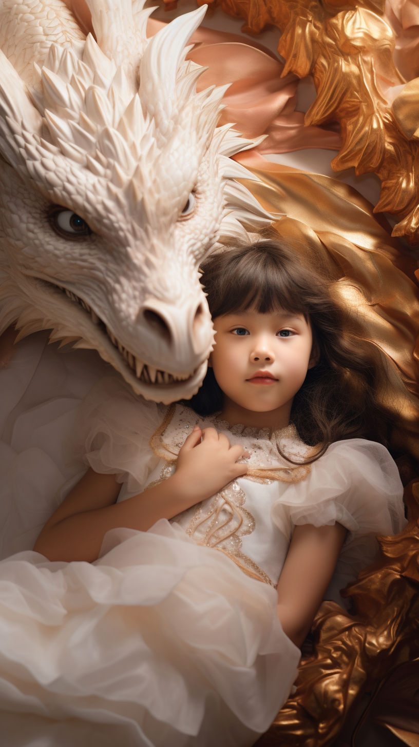 Little girl on fluffy white dragon