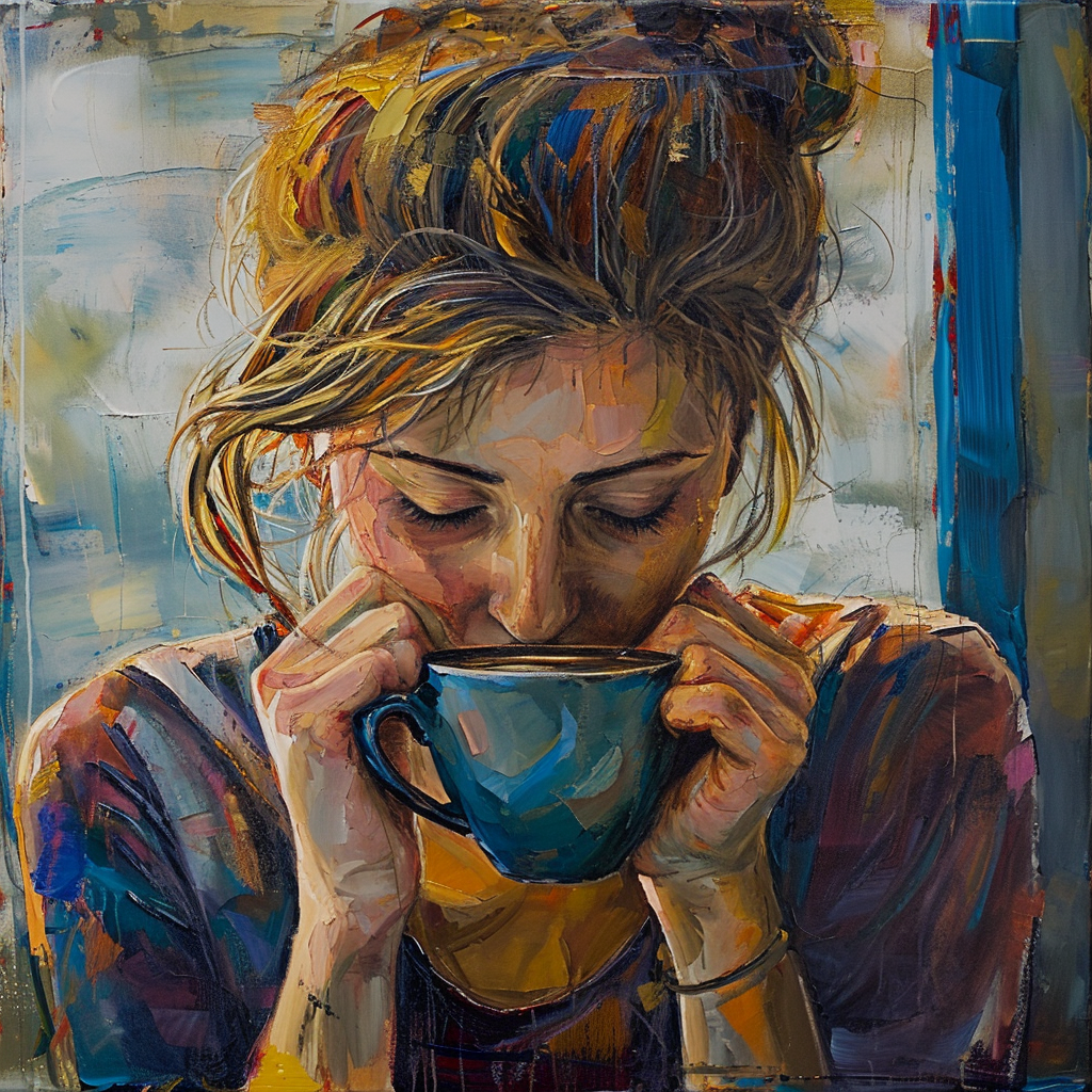 Van Gogh style girl drinking coffee