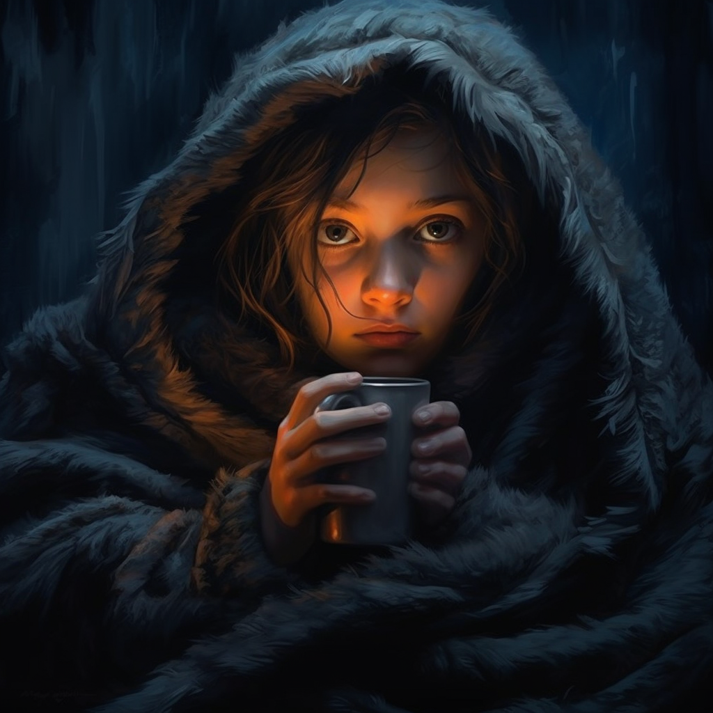 Girl enjoying a warm drink in a blanket