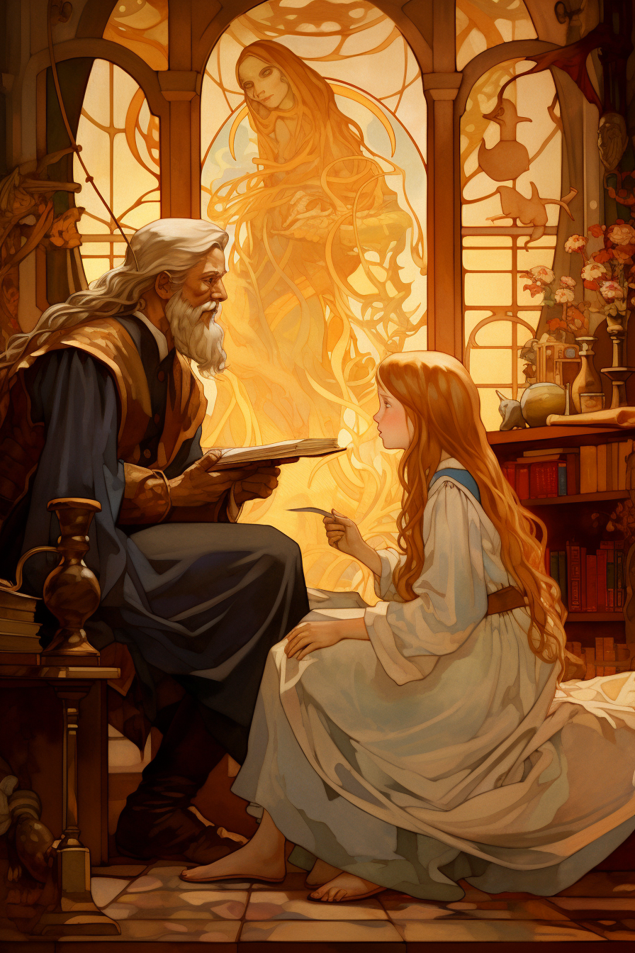 Dumbledore scolding little blonde girl in Hogwarts uniform