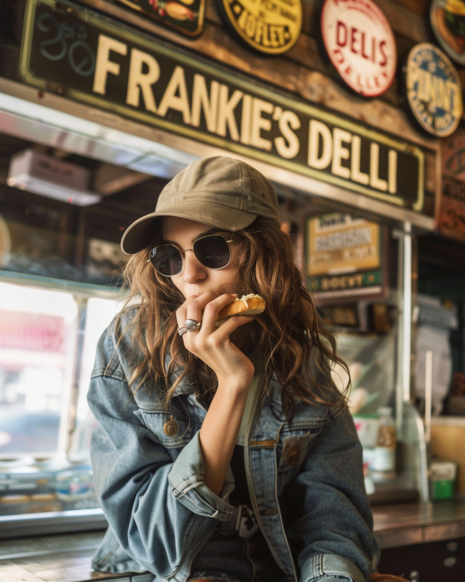 Girl eating bagel in deli