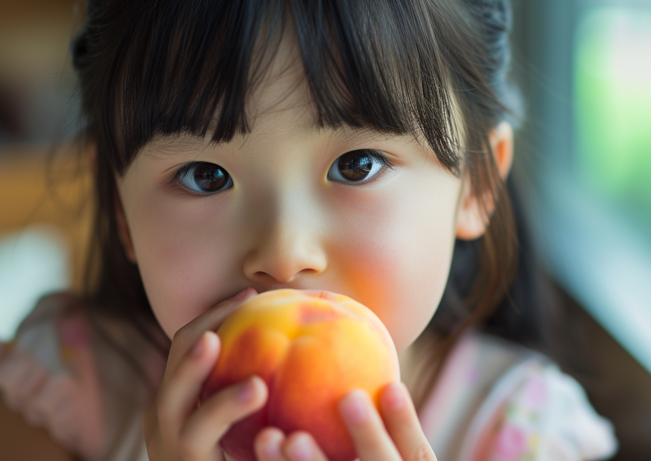 Girl eating a peach Japanese tween model