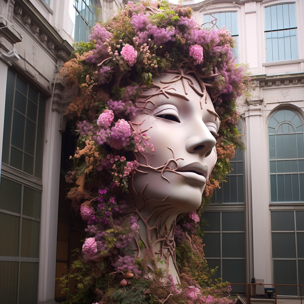 Girl face flowers reflecting on architecture