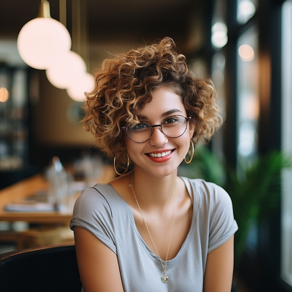 Smiling girl in a fashion cafe