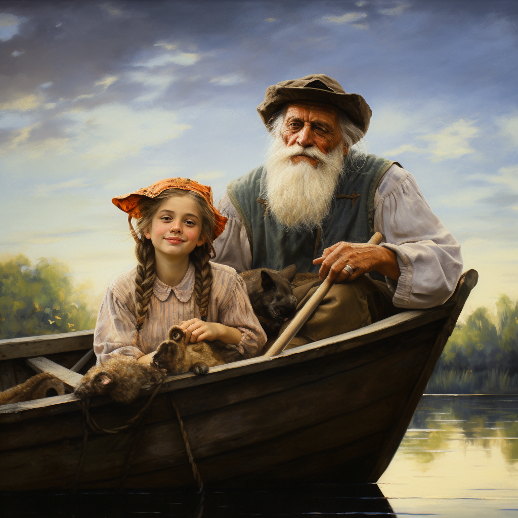 A peaceful rowboat ride with a young girl and an old fisherman