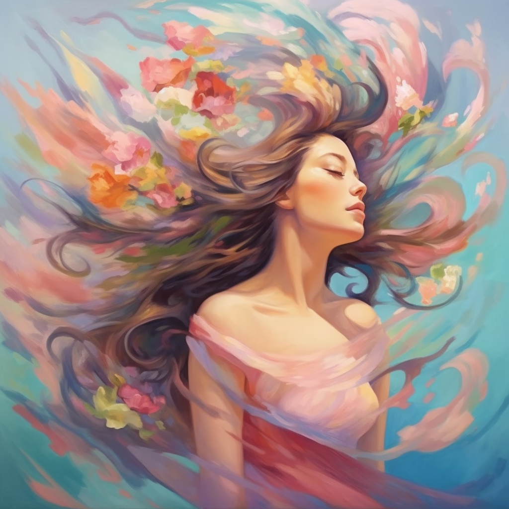 Girl with floating flowers in wind