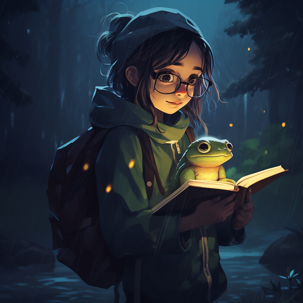 Girl holding a cute frog in a dark forest