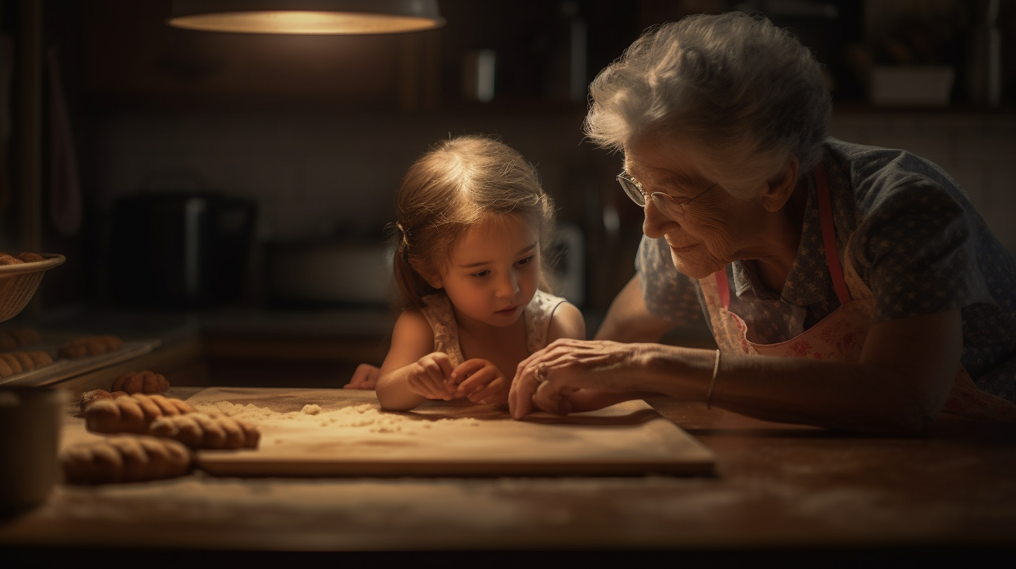 Little girl and grandmother baking with love