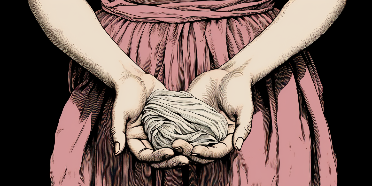 Girl hands holding fabric in woodcut style