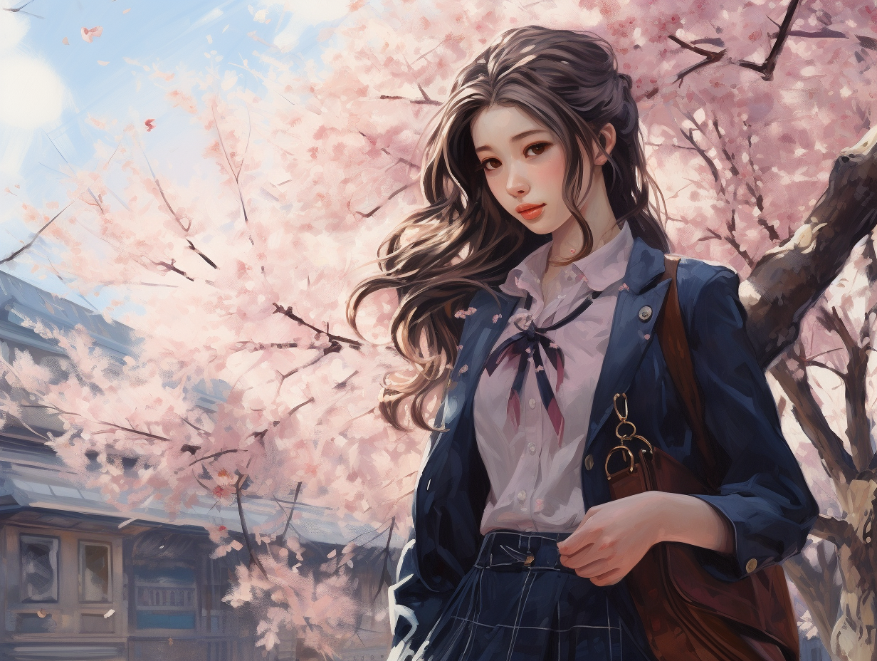 High school girl in cherry blossom wind