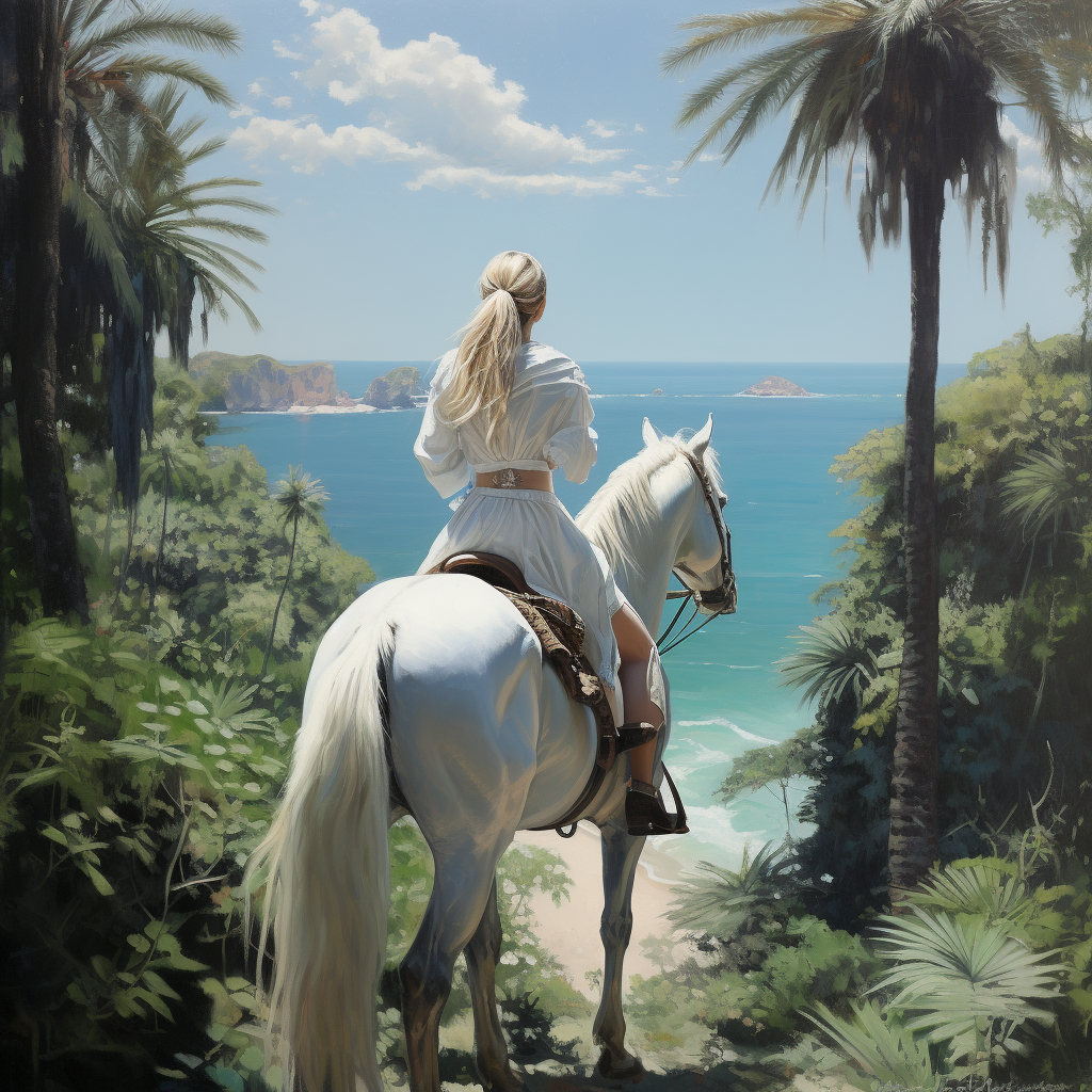 Girl in Hijab Riding White Horse in Jungle