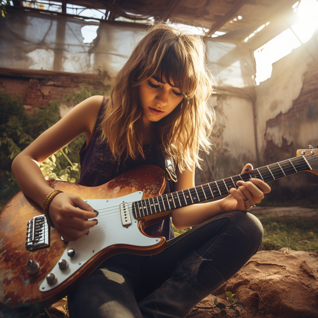 Girl hitting guitar against ground